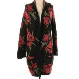 Free People Black Cardigan with Red Floral Pattern